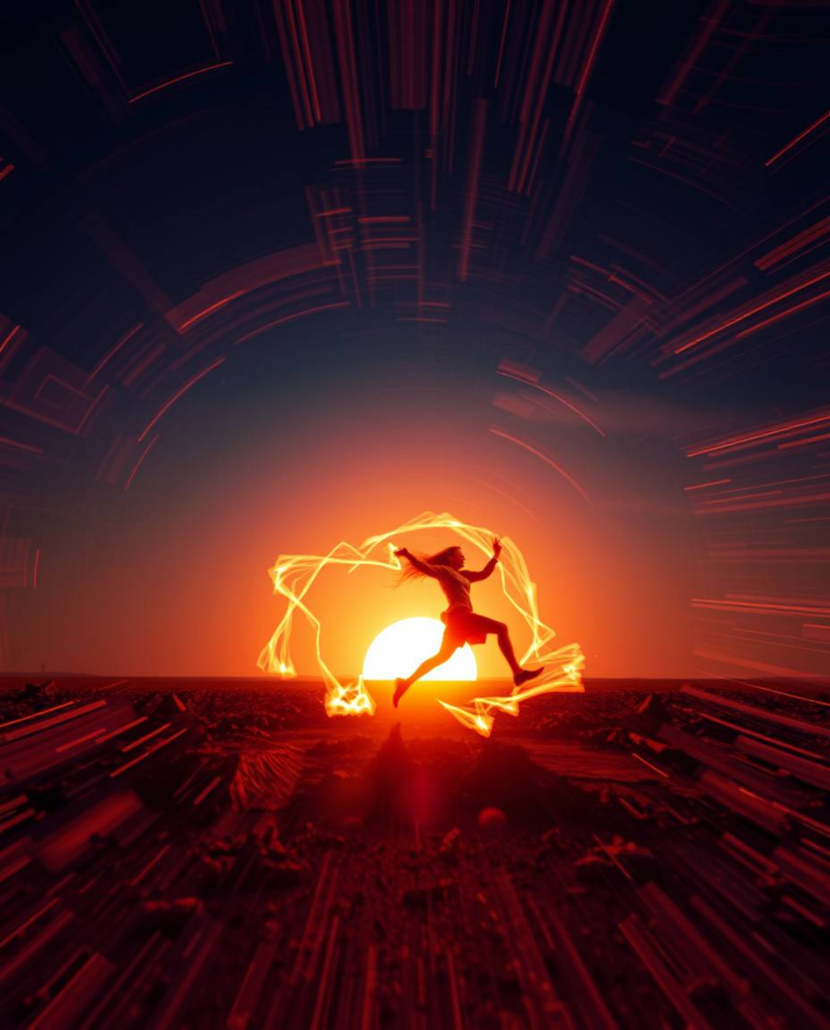 Witness a dynamic motion sunrise over a war-torn landscape, a fusion of creative light art and abstract patterns. Blurred lin