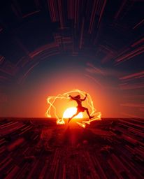 Witness a dynamic motion sunrise over a war-torn landscape, a fusion of creative light art and abstract patterns. Blurred lin