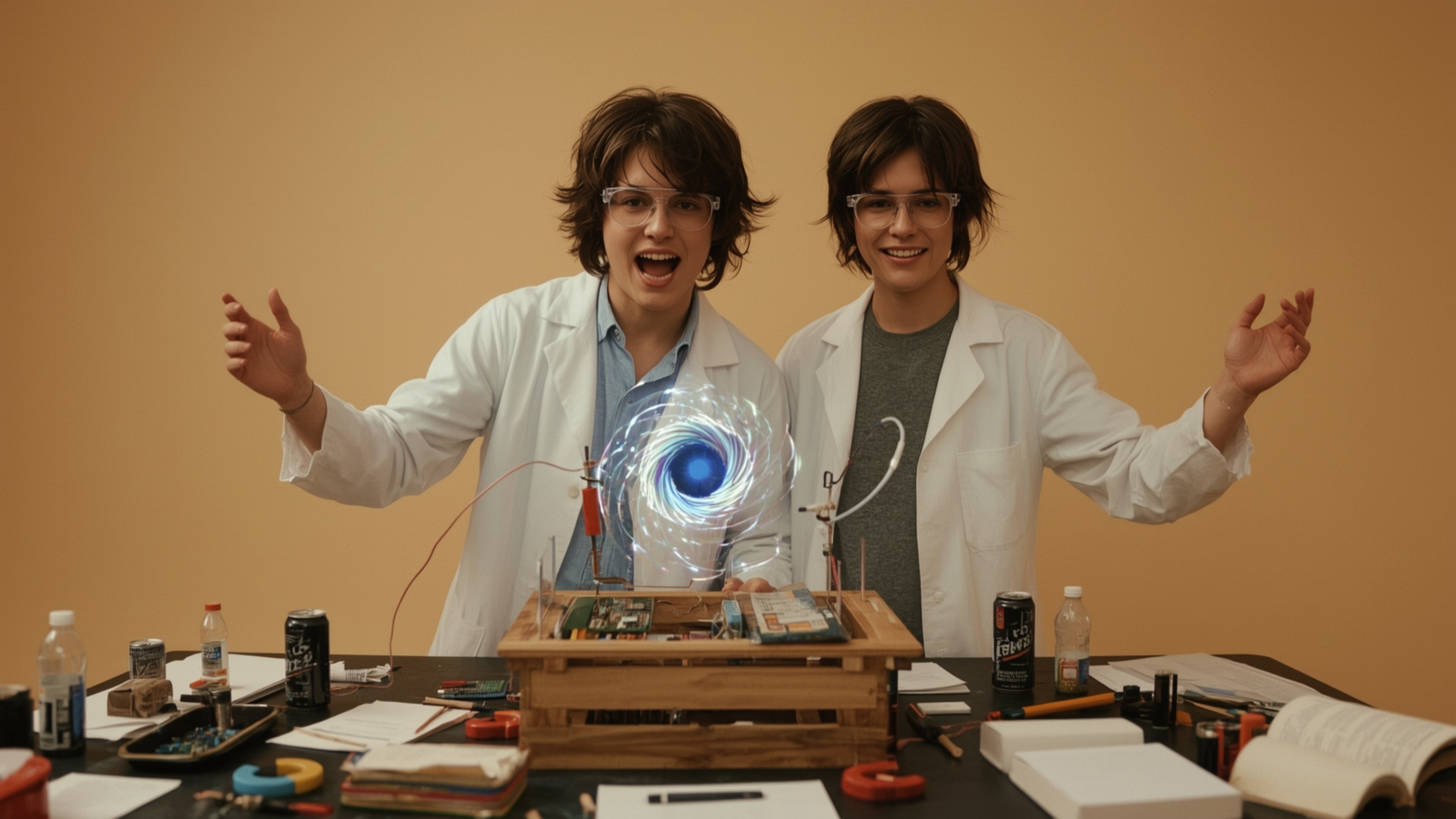 A brightly lit, cinematic photograph captures an ecstatic science fair duo in a style reminiscent of Pixar's vibrant aestheti