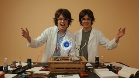 A brightly lit, cinematic photograph captures an ecstatic science fair duo in a style reminiscent of Pixar's vibrant aestheti