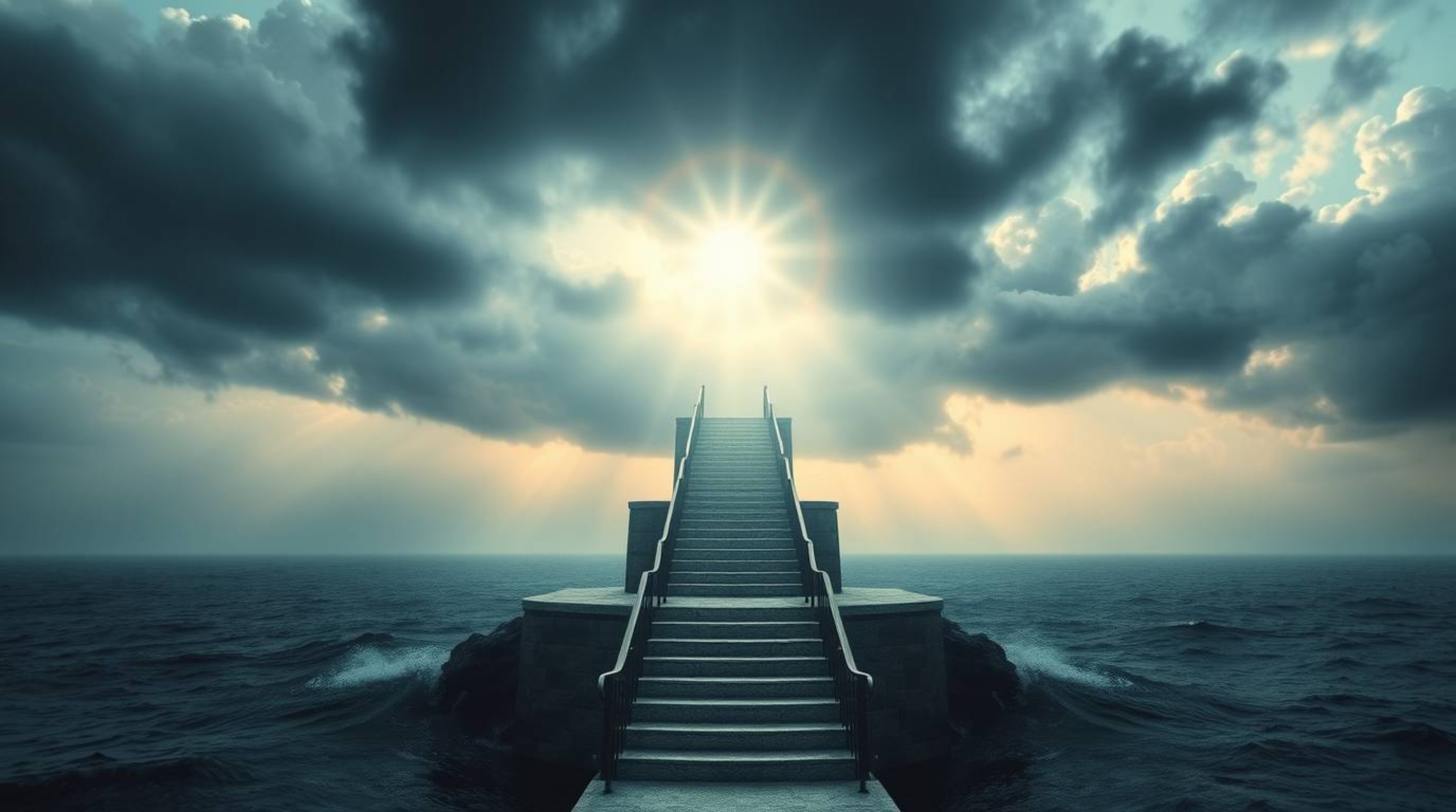 An awe-inspiring and symbolic scene unfolds as a dramatic staircase emerges from the ocean depths, gracefully ascending towar