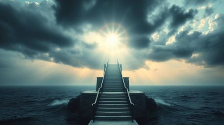 An awe-inspiring and symbolic scene unfolds as a dramatic staircase emerges from the ocean depths, gracefully ascending towar