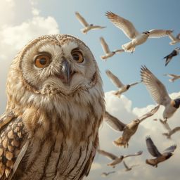 Exquisite Pixar-style photography depicts a wise, blind owl teaching diverse birds to fly.  Soft feathers, muted earth tones,