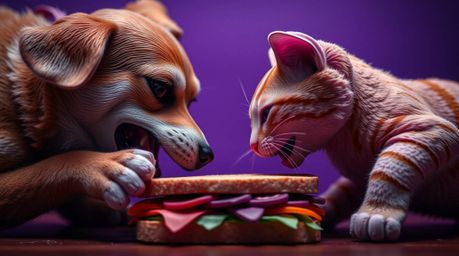 An extreme close-up macro photograph depicts a fierce battle between a dog and a cat vying for a large sandwich.  The image s