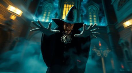 A captivating image showcasing a classic Disney villain casting a spell within an ancient castle. The photograph utilizes lo