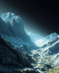 A digital glitch landscape breaking apart under intensely strong hard light, creating direct and harsh shadows, evokes a sens