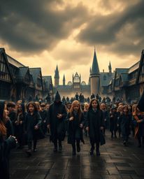 A professional, fine art photograph capturing a magical school brimming with young wizards under intense dramatic weather con