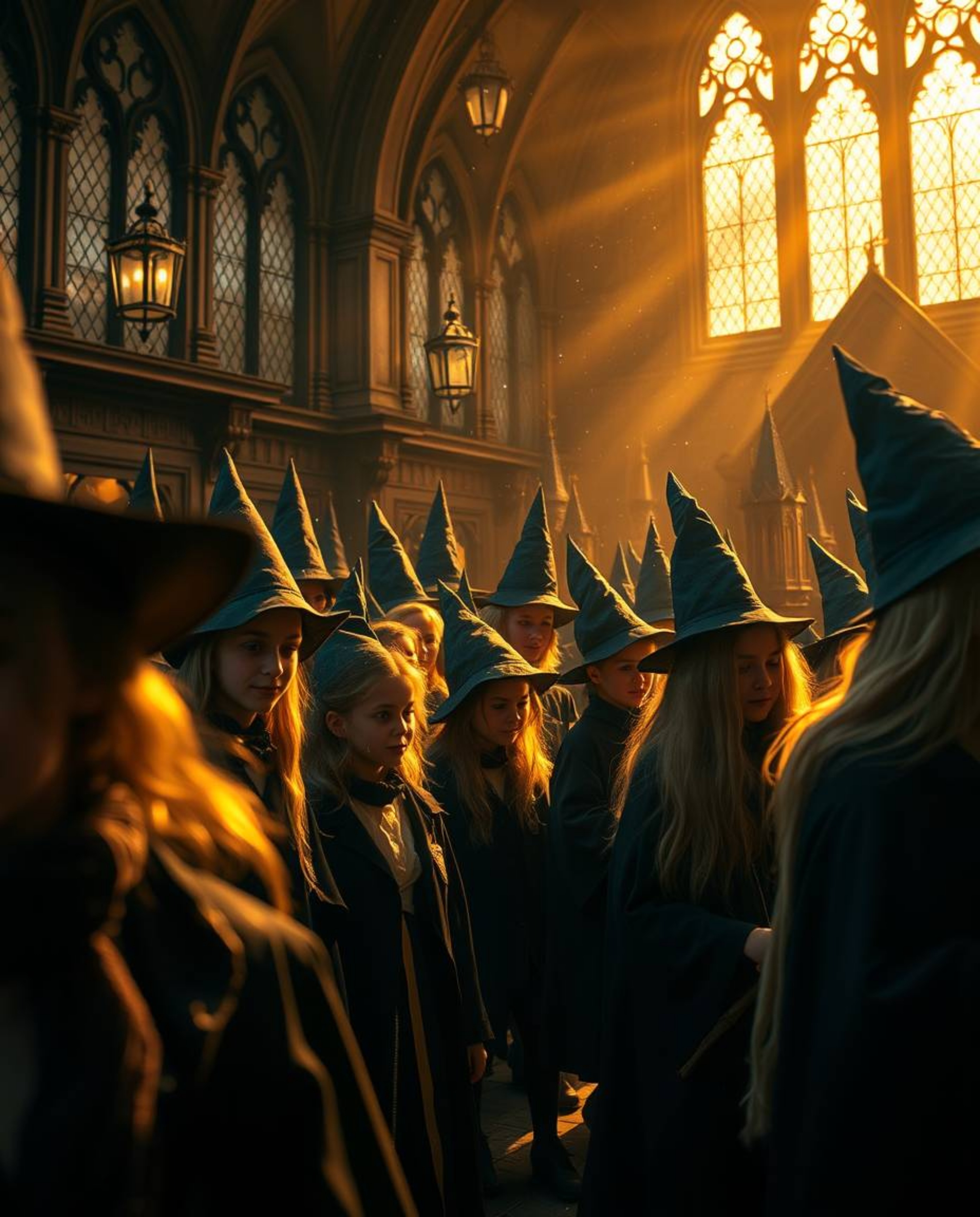 A captivating close-up reveals a magical school teeming with young wizards, bathed in a warm golden light.  The image boasts 