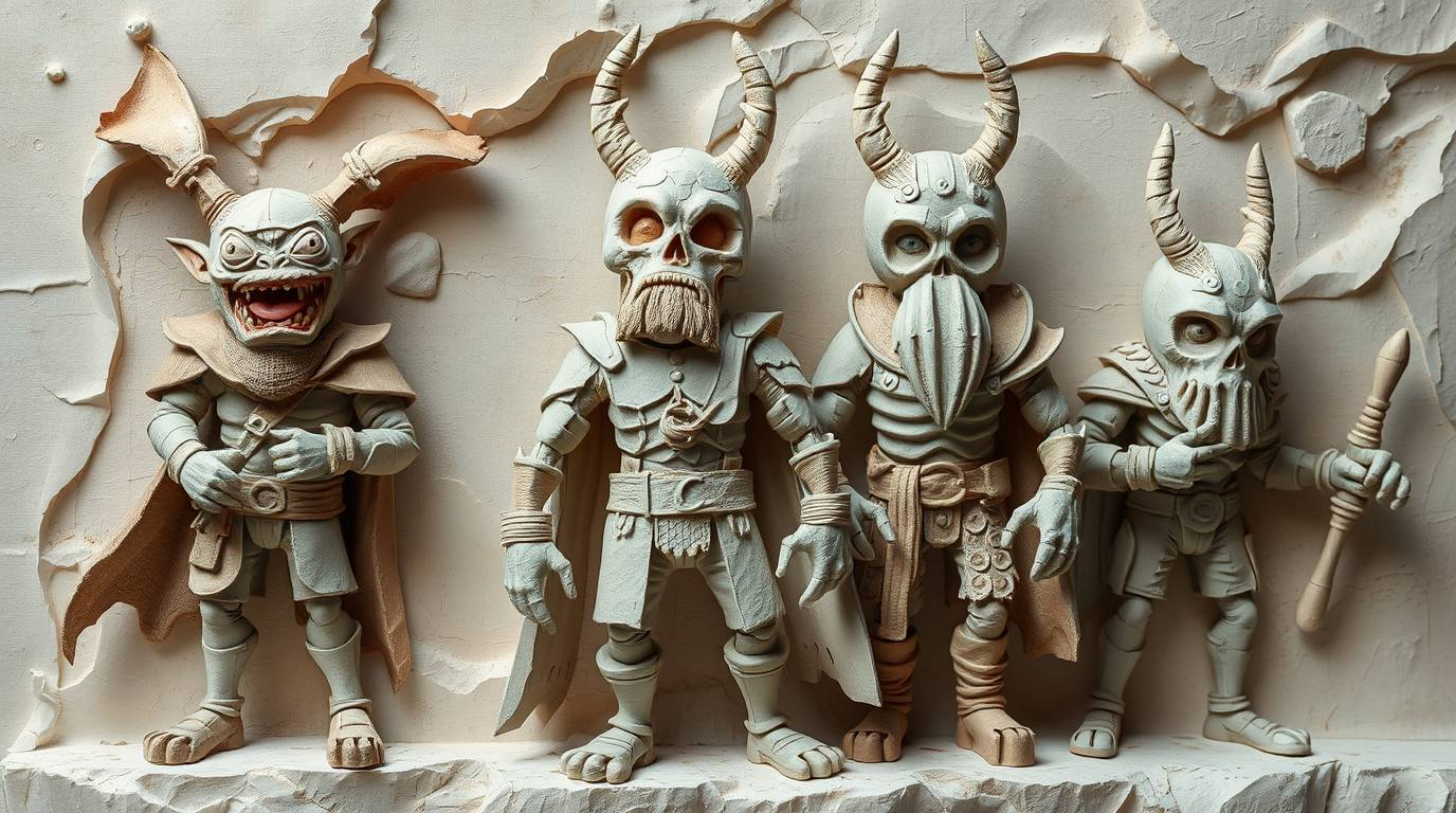 Discover a captivating papier-mâché artwork depicting a team of misfit heroes. This sculpted piece features textured layers, 