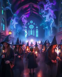 Discover a magical school brimming with young wizards, where an ethereal, spiritual vibe and vibrant colors create a mystical