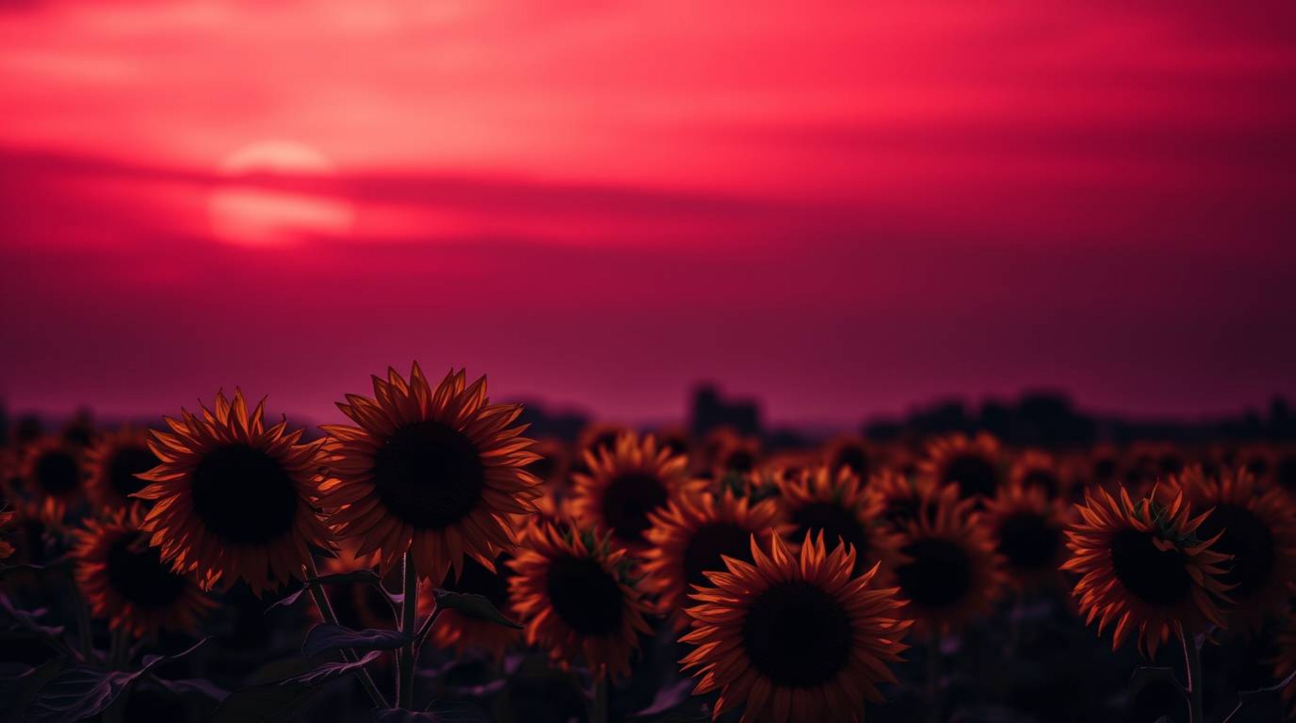 A captivating image of a sunflower field bathed in the dramatic light of a deep red and purple sunset.  Low-key lighting crea