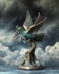 This stunning cast bronze sculpture depicts a dove carrying an olive branch amidst stormy skies.  The antique patina finish a