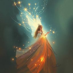 A captivating digital sketch depicts a fairy godmother emerging from a swirl of sparkles. Rendered in a dramatic cinematic s