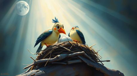 This oil painting features two charming cartoon birds diligently building their nest in a style reminiscent of classic animat