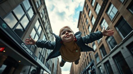 A captivating low-angle street photography shot capturing a spontaneous moment of a young boy seemingly flying with pixie dus