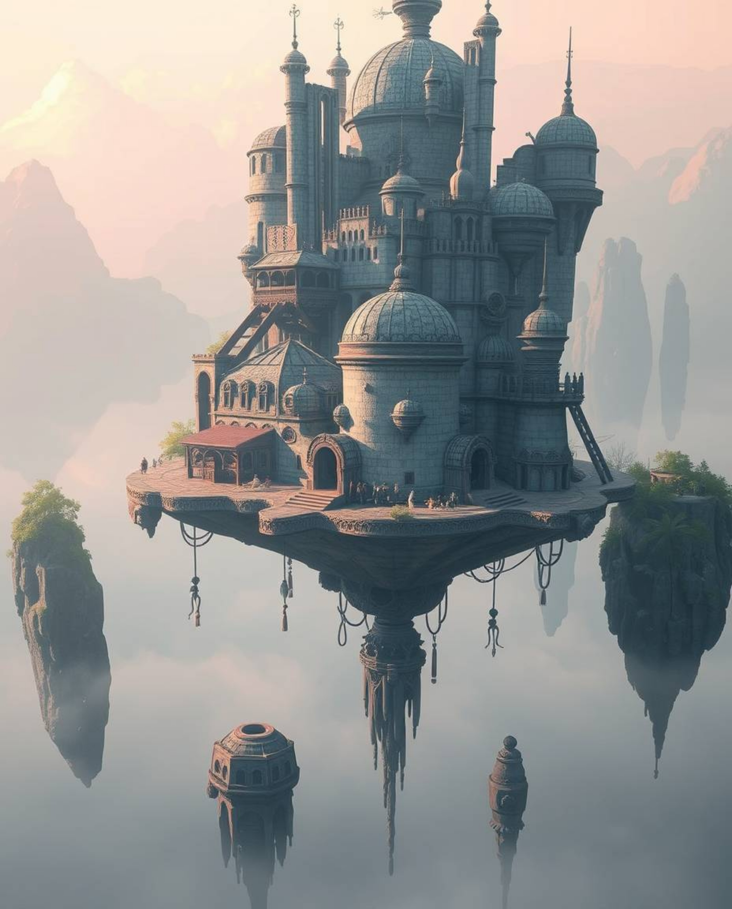 Explore a captivating surreal floating island boasting bizarre and intriguing architecture. This ethereal scene is rendered i