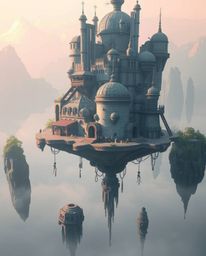 Explore a captivating surreal floating island boasting bizarre and intriguing architecture. This ethereal scene is rendered i