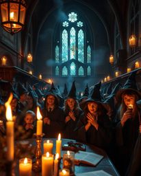 A captivating photograph captures a magical school bustling with young wizards, bathed in the inviting warmth of candlelight 