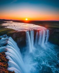An overhead bird's-eye view, long exposure photograph captures a sunset behind a dramatic waterfall. The top-down perspective
