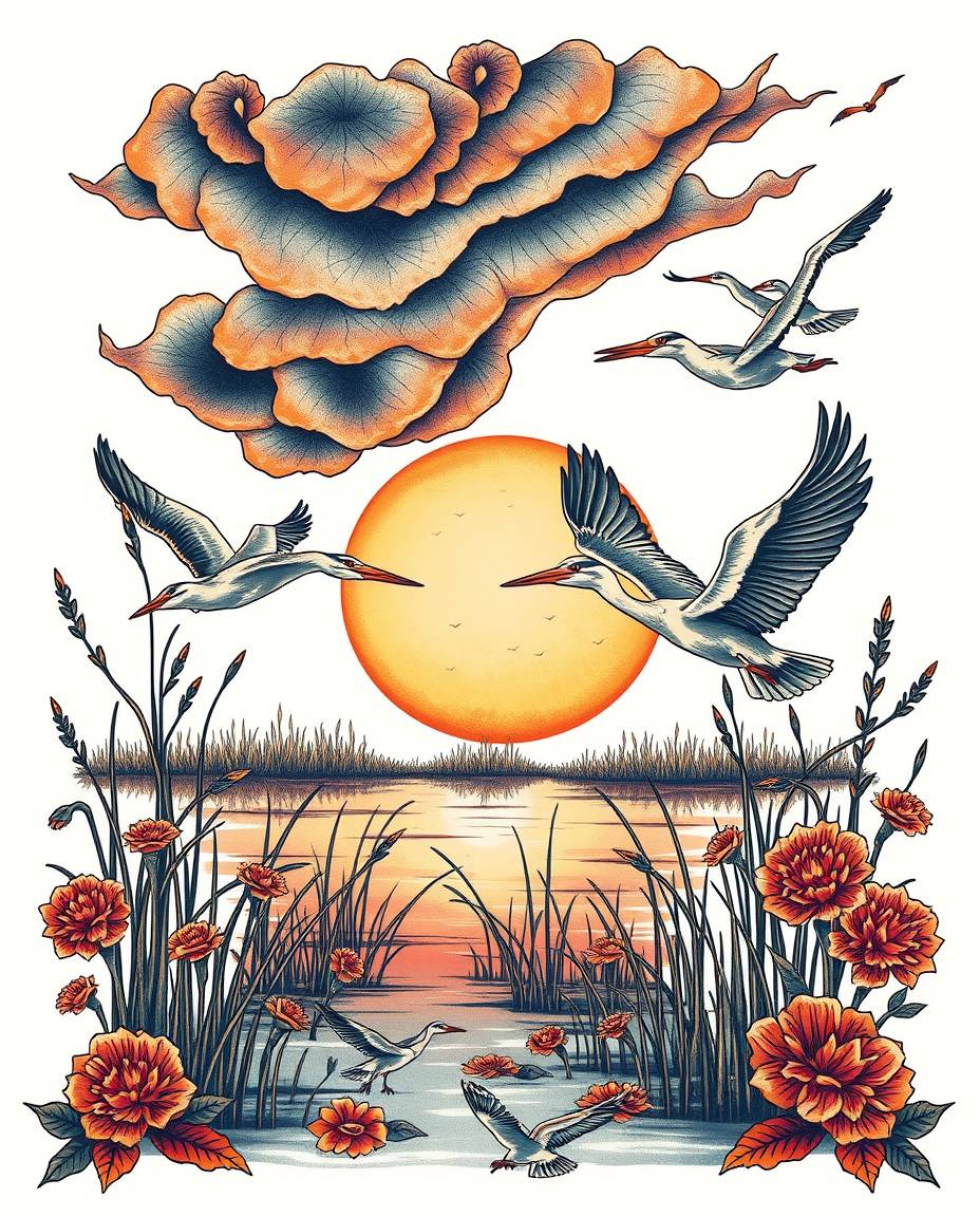 A vibrant traditional tattoo art print depicting a symbolic golden hour scene in wetlands with herons flying under stormy ski