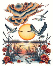 A vibrant traditional tattoo art print depicting a symbolic golden hour scene in wetlands with herons flying under stormy ski