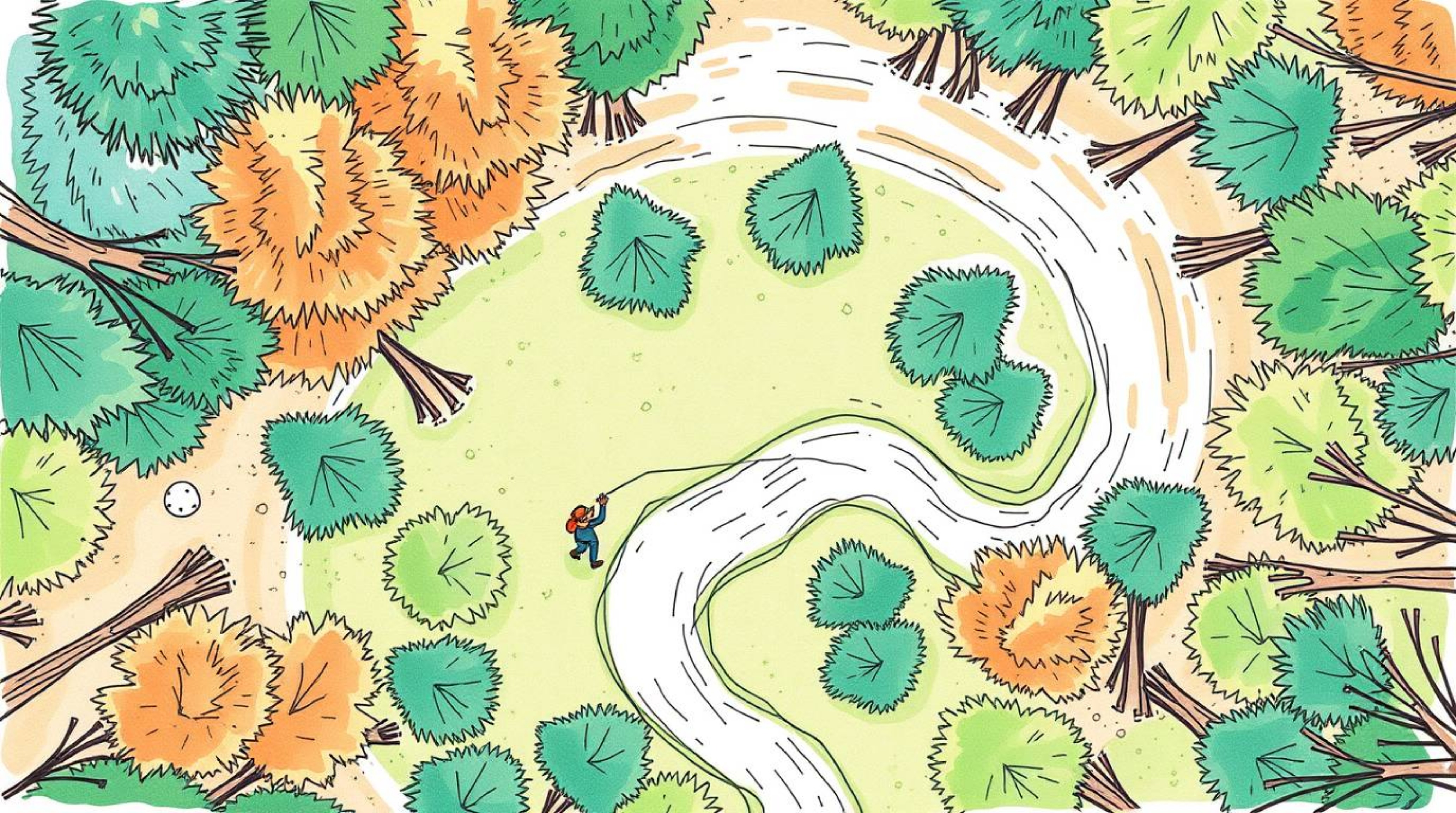 A vibrant, hand-drawn sketchnote depicts a thrilling chase scene through a looping forest background.  Viewed from a top-down