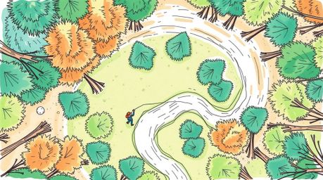 A vibrant, hand-drawn sketchnote depicts a thrilling chase scene through a looping forest background.  Viewed from a top-down
