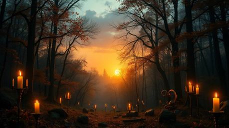 Experience a dreamlike autumn forest at sunset, bathed in the warm glow of flickering candlelight.  Fantastical elements and 