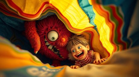 A captivating image depicts a whimsical friendship between a child and a vibrant papier-mâché monster lurking under the bed. 