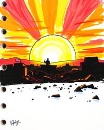 A captivating hand-drawn sketchnote depicts a vibrant sunrise breaking over a war-torn landscape.  Bright, energetic colors a