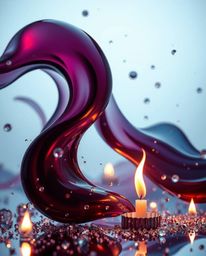 Experience the mesmerizing beauty of glassy fluid 3D shapes in motion, elegantly surrounded by glowing particles. The rich bu