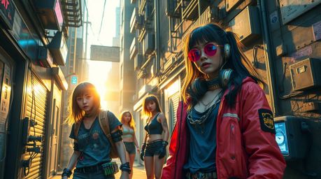 Immerse yourself in a grungy city alley bathed in a warm golden glow, a futuristic sci-fi haven inhabited by rebellious teens