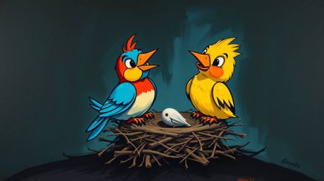 This artwork features a bold acrylic painting showcasing two cartoon birds diligently building a nest. Rendered in a classic 