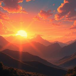 A captivating isekai-style anime depiction of a grand, epic sunset over a serene mountain valley.  This image features a mode
