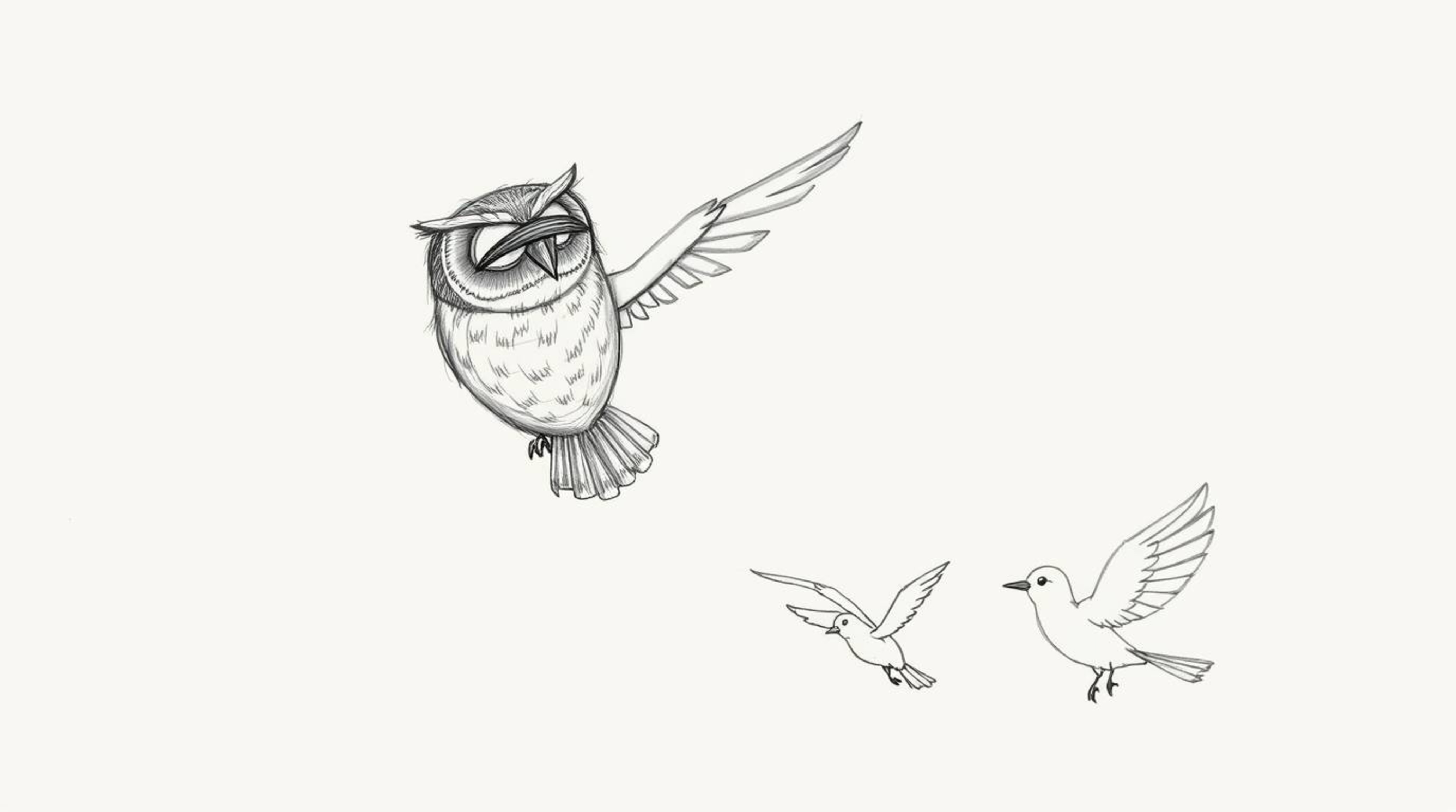 A heartwarming hand-drawn sketch in Pixar style depicts a blind owl, textured with rough pencil strokes, guiding birds to fly