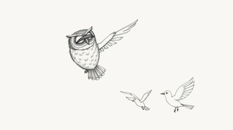 A heartwarming hand-drawn sketch in Pixar style depicts a blind owl, textured with rough pencil strokes, guiding birds to fly