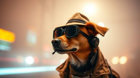 A captivating long exposure photograph portrays a dog detective equipped with advanced high-tech gadgets. The image features 