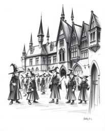Explore a hand-drawn sketch of a magical school teeming with young wizards, rendered in intense jet black ink to evoke a soft
