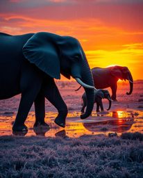 This is a surreal infrared rendering of elephants walking across a field at sunset. The scene showcases otherworldly colors a