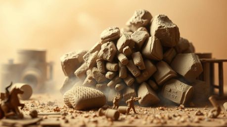 A captivating clay sculpture depicts a Wild West TNT explosion, rendered with a soft, cinematic haze.  The modeled shapes and