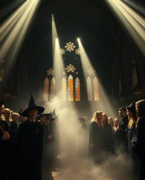 A captivating high-angle shot showcases a magical school brimming with young wizards.  Volumetric lighting creates ethereal b