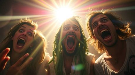 Explore a scene of gross-out comedy infused with bright lens flares, characters displaying exaggerated expressions, and light