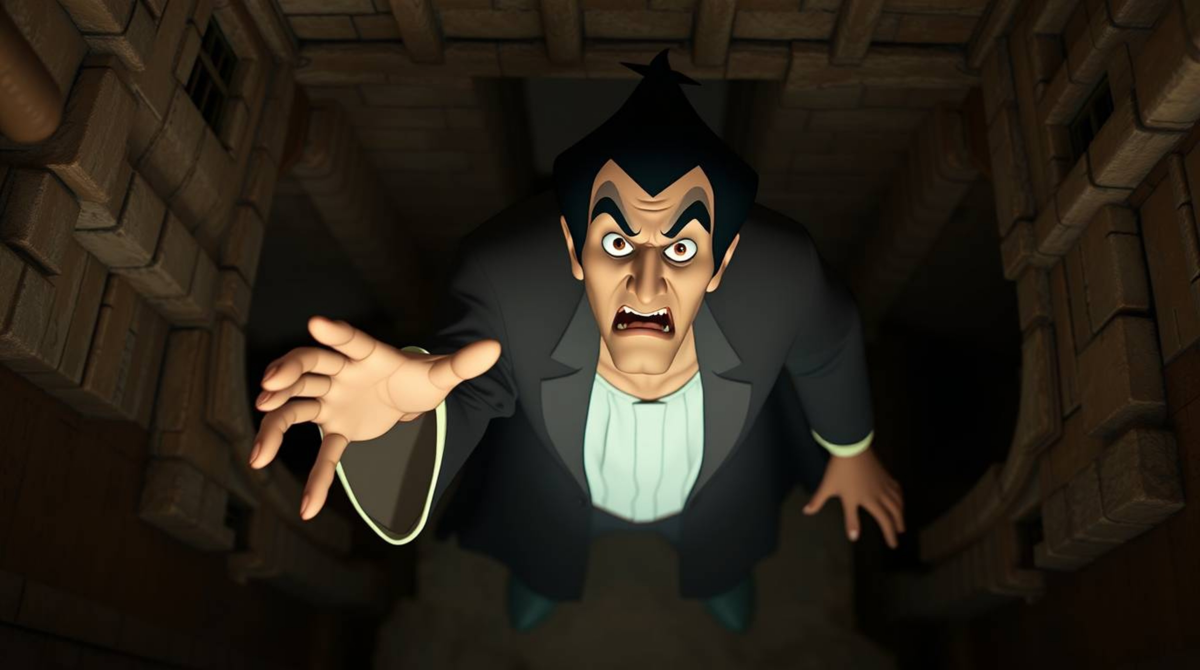 Experience a captivating overhead, bird's eye view artwork in natural earth tones, featuring a classic Disney villain with su