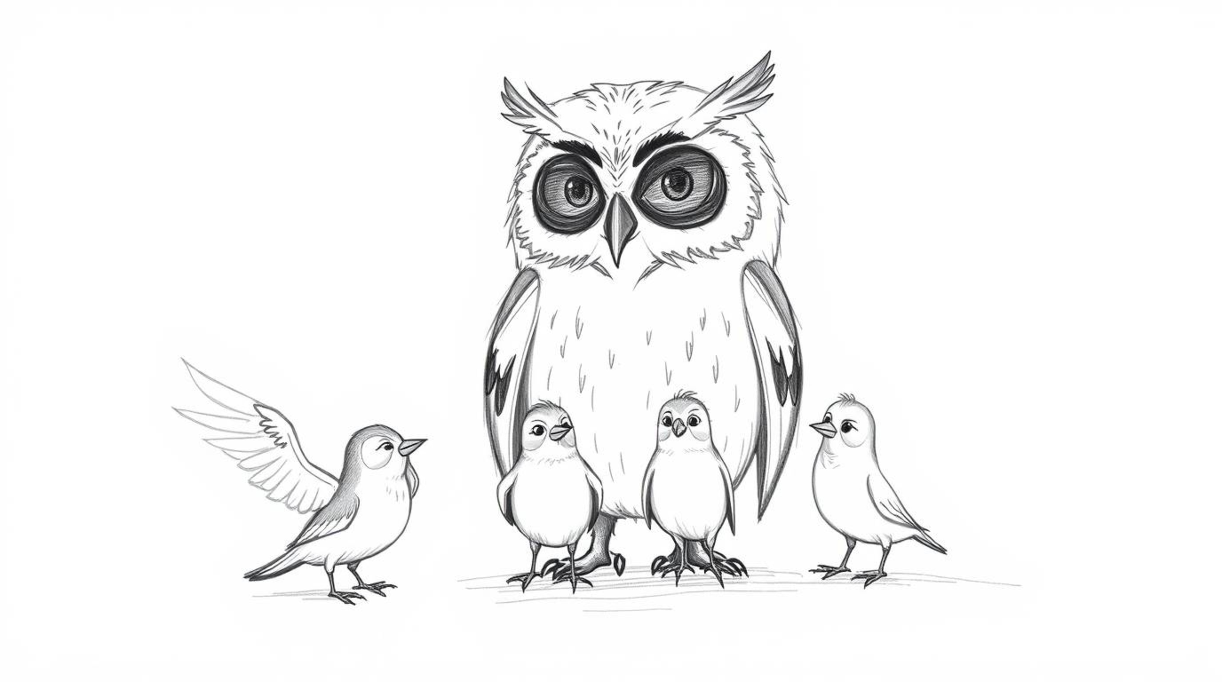 A hand-drawn sketch reminiscent of Pixar, depicts a serene, blind owl guiding a group of birds. The birds are engaged in sket