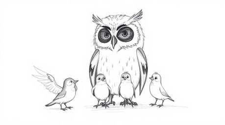 A hand-drawn sketch reminiscent of Pixar, depicts a serene, blind owl guiding a group of birds. The birds are engaged in sket