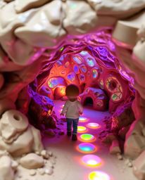 Explore the enchanting world of sculptural clay art featuring iridescent colors and captivating scenes. Imagine a child follo