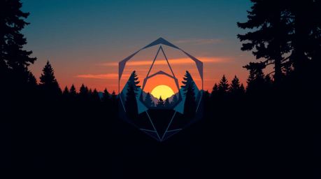 A captivating geometric logo design evokes the serene beauty of a dense forest bathed in the golden hues of sunset.  Clean li