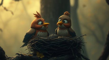 This captivating short film features two cartoon birds building a nest in a classic animation style. The visuals blend warm
