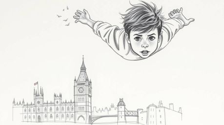 A determined young boy takes flight above a tempestuous London, depicted in a raw and energetic hand-drawn sketch. Powered by