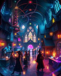 Explore a fantastical world within a magical school teeming with young wizards, brought to life through dreamlike surreal ima